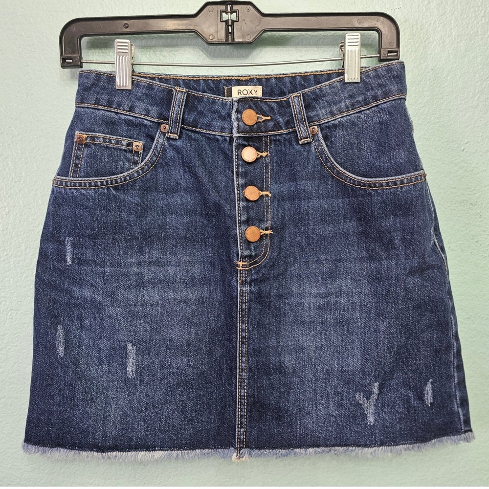 ROXY Surfing Girl Power Distressed Denim Mini Skirt Dark Wash ERJDK03015 Size S